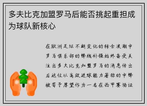 多夫比克加盟罗马后能否挑起重担成为球队新核心 多夫比克加盟罗马后能否挑起重担成为球队新核心